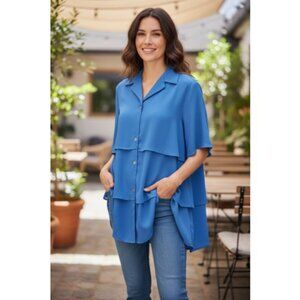 APART Turquoise Blue Tiered Button Front Short Sleeve Tunic Blouse Ladies 14